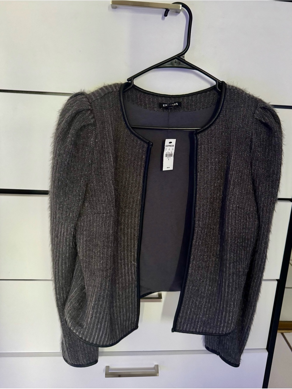 Express Dark Gray Ribbed Open-Front Cardigan with Puff Shoulders